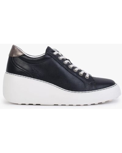 Fly London Dile Black Leather Wedge Trainers