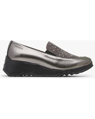 Wonders Jewel Pewter Leather Low Wedge Loafers - Gray