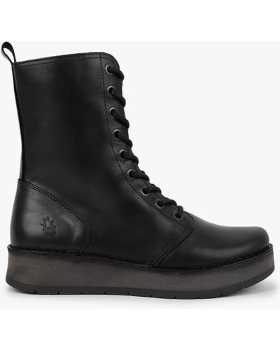 Fly London Rami Black Leather Lace Up Ankle Boots