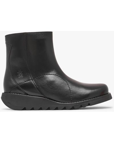 Fly London Sagu Black Leather Low Wedge Ankle Boots