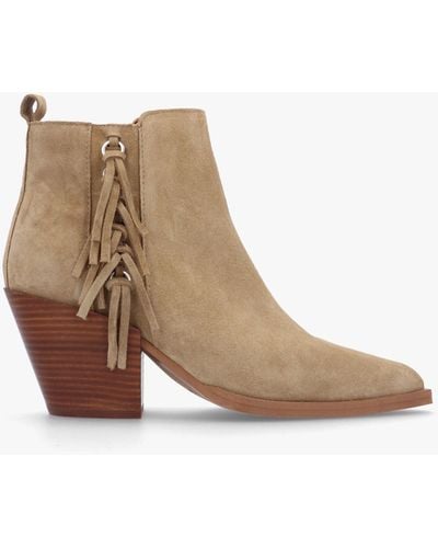 Alpe Baker Taupe Suede Fringed Stacked Heel Western Ankle Boots - Brown
