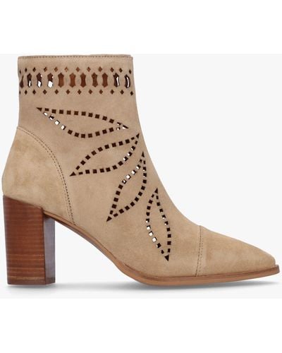 Alpe Ariana Beige Suede Laser Cut Block Heel Ankle Boots - Natural