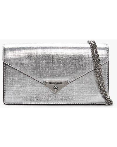 Michael Kors Grace Silver Leather Envelope Clutch Bag - Metallic
