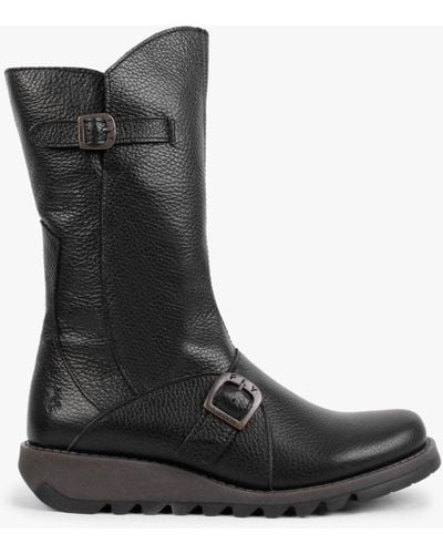Fly London Mes Black Pebbled Leather Low Wedge Calf Boots