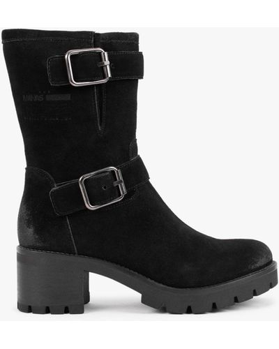 Manas Black Suede Double Buckle Heeled Calf Boots