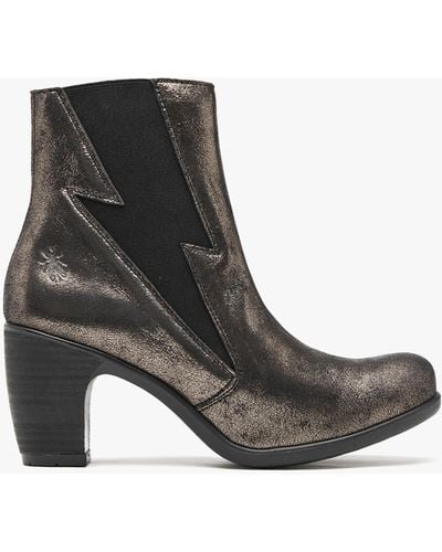 Fly London Kimi Graphite Leather Lightning Bolt Heeled Ankle Boots - Black