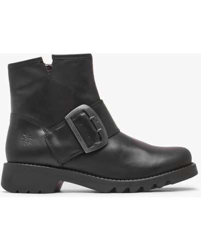 Fly London Rily Black Leather Buckle Ankle Boots