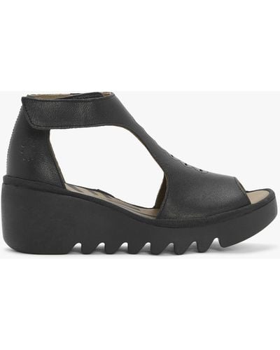 Fly London Bezo Black Leather Wedge Sandals