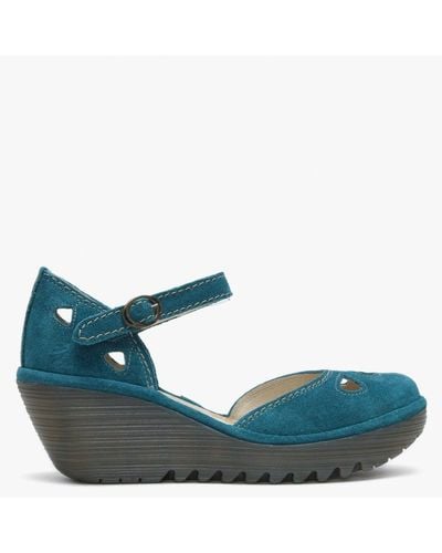 Fly London Yuna Petrol Suede Wedge Shoes - Blue