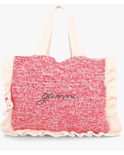 Ganni Egret Red Organic Cotton Crochet Frill Tote Bag - Pink