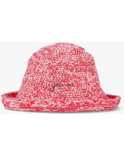 Ganni Red Recycled Cotton Crochet Logo Bucket Hat - Pink