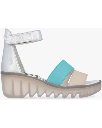 Fly London Bono Cloud Turquoise Silver Tumbled Leather Low Wedge Sandals - Blue