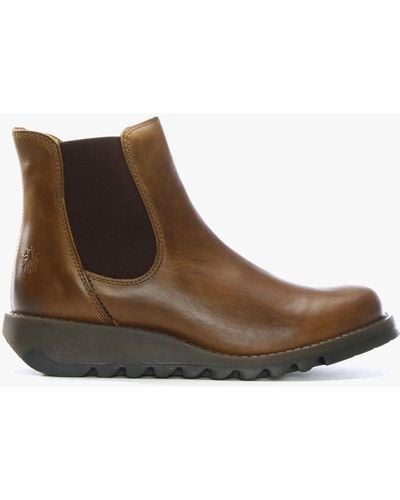 Fly London Salv Camel Leather Wedge Chelsea Boots - Brown