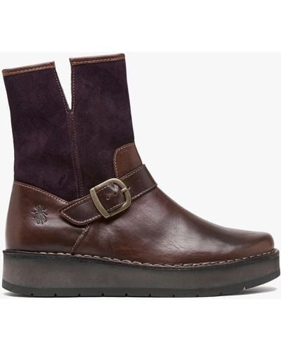 Fly London Ruth Purple Leather & Suede Chunky Ankle Boots - Brown