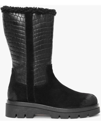Manas Black Suede Moc Croc Calf Boots