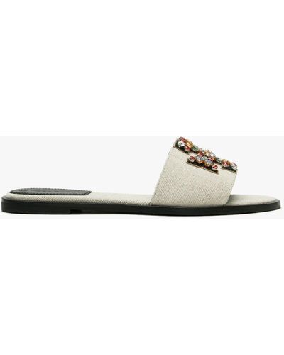Tory Burch Ines Flat Embellished Linen & Leather Sandals - Natural