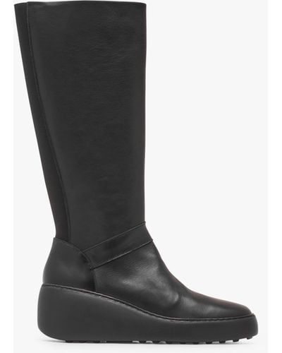 Fly London Dova Black Leather Wedge Knee Boots