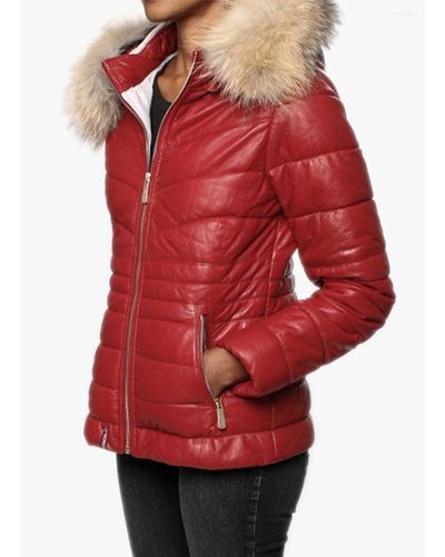 Oakwood Jam Red Leather Fur Trim Hooded Jacket