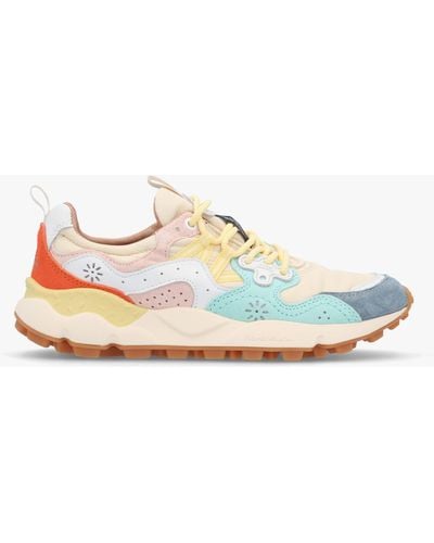 Flower Mountain Women's Yamano 3 Light Blue Beige Suede & Technical Fabric Trainers - White