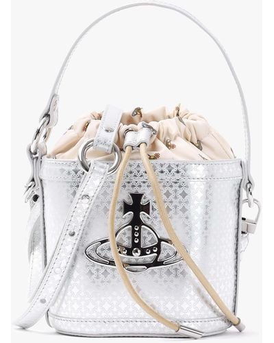 Vivienne Westwood Daisy Silver Leather Drawstring Bucket Bag - White