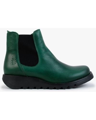 Fly London Salv Green Leather Wedge Chelsea Boots