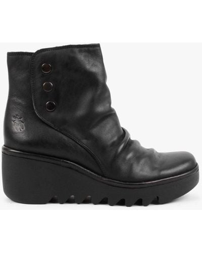Fly London Brom Black Leather Wedge Ankle Boots