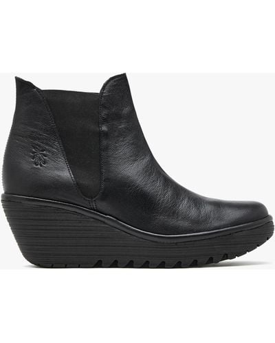 Fly London Woss Black Leather Wedge Ankle Boots