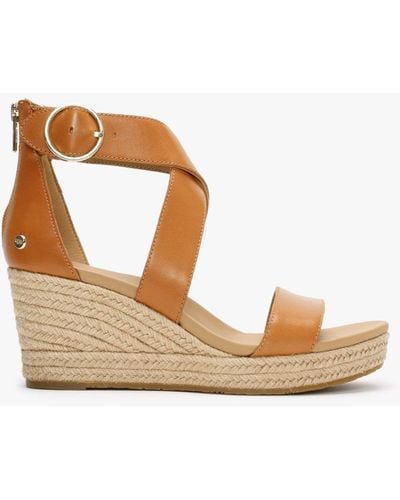 UGG Hylda Tan Leather Wedge Sandals - Brown