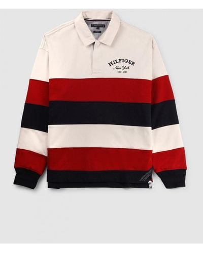 Tommy Hilfiger Mens Stripe Prep Rugby Poloshirt In White - Red