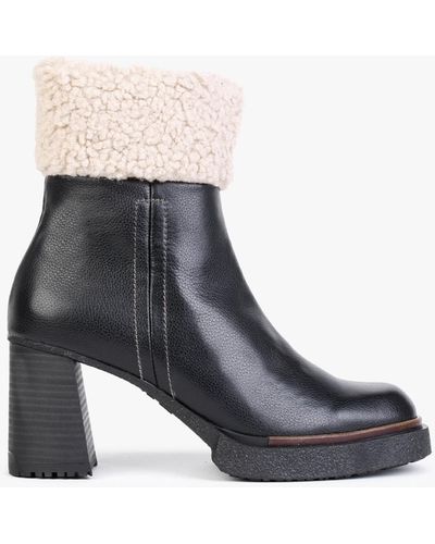 Wonders Eros Black Leather Fleece Trim Block Heel Ankle Boots