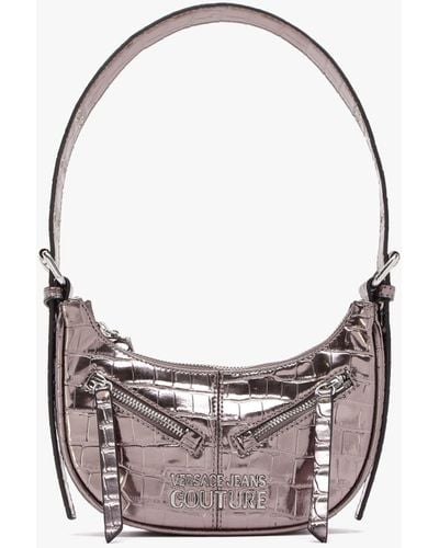 Versace Zipper Silver Metallic Croc Effect Shoulder Bag
