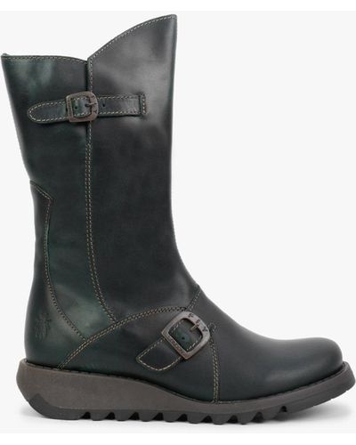 Fly London Mes Ii Petrol Leather Low Wedge Calf Boots - Black