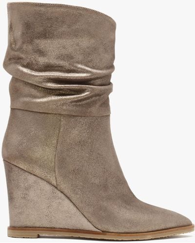 Daniel Tully Metallic Taupe Suede Rouched Wedge Calf Boots - Brown