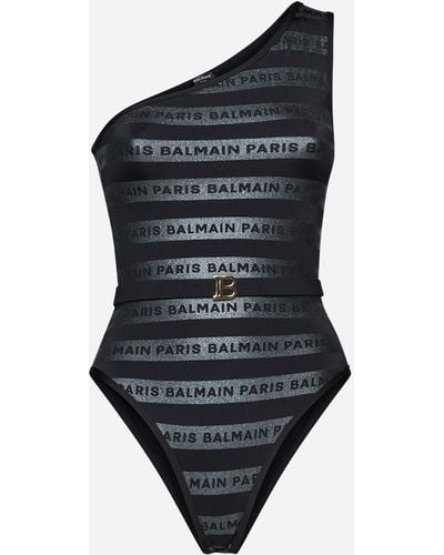 Balmain Logo-tape Stripe One-shoulder Swimsuit - Black