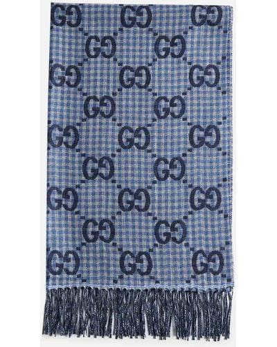 Gucci GG Houndstooth Wool Scarf - Blue