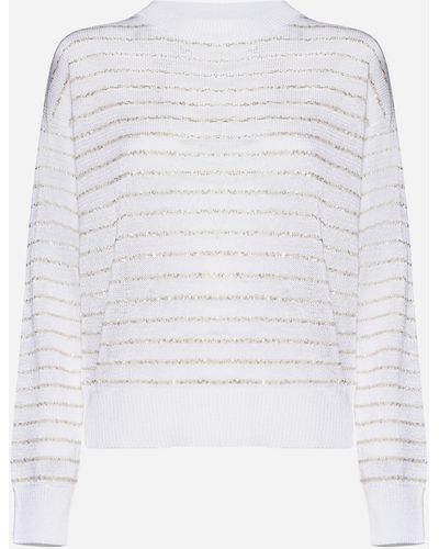 Brunello Cucinelli Sequin-striped Cotton Sweater - White