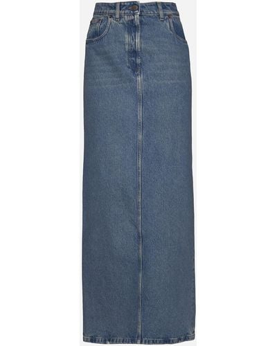 Prada Brand-plaque Low-rise Organic-cotton Denim Maxi Skirt - Blue