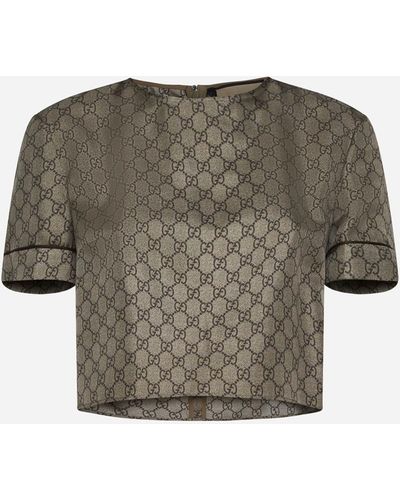 Gucci GG Print Silk Cropped T-shirt - Gray