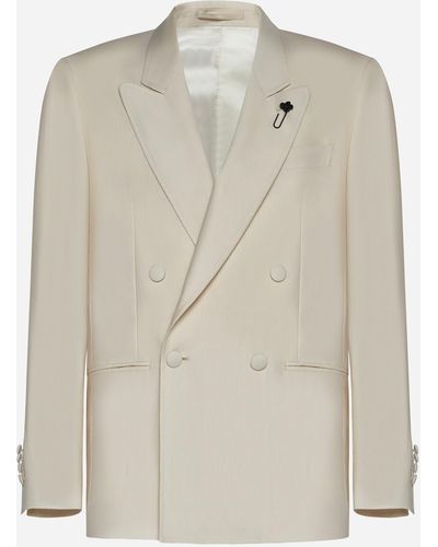 Lardini Linen And Wool Double-breasted Blazer - Natural