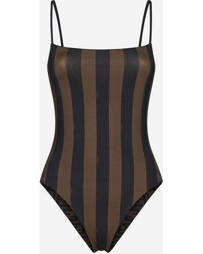 Fendi Ff And Striped Reversibile Swimsuit - Black