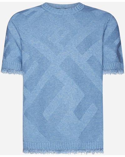 Fendi Macro Logo Motif Cotton Sweater - Blue