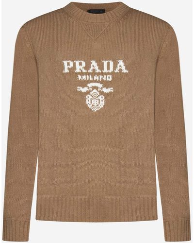 Prada Logo-intarsia Cashmere-wool Sweater - Natural