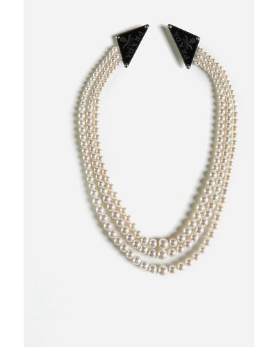 Prada Triangle Ball Chain Brooch Necklace in White | Lyst