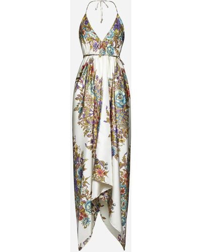 Etro Floral Print Silk Long Dress - Metallic