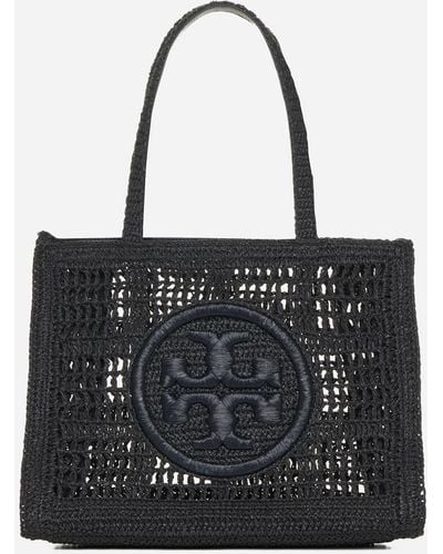 Tory Burch Ella Crochet Straw Small Tote Bag - Black