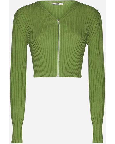 AURALEE Ribbed Cotton Cropped Cardigan - Green