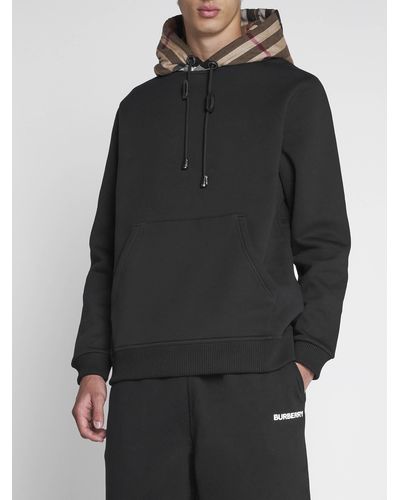 Check Hood Cotton Blend Hoodie In Black/birch Brown Men