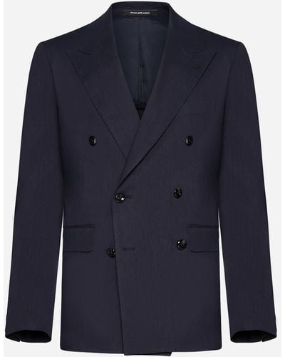 Tagliatore Linen And Wool-blend Double-breasted Blazer - Blue