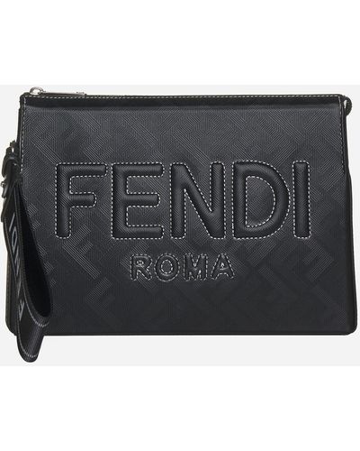 Fendi Ff Fabric And Leather Clutch Bag - Black