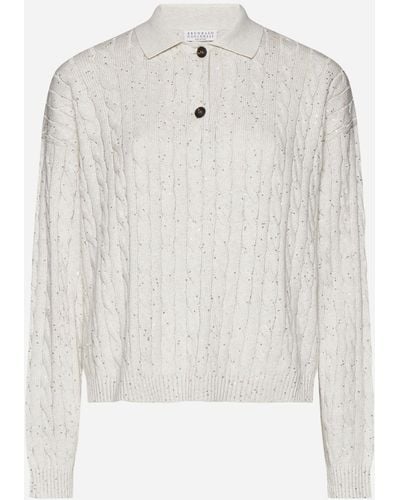 Brunello Cucinelli Sequined Cable-knit Cotton Sweater - White